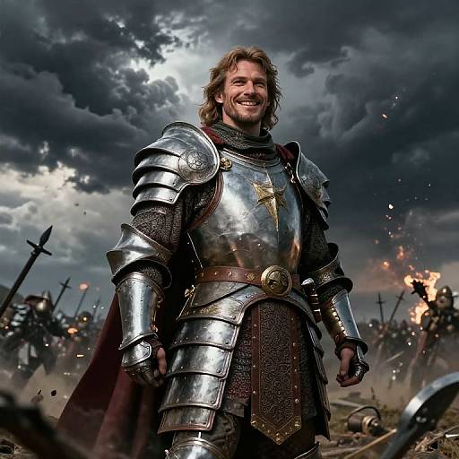 Confident Medieval Knight in Silver Armor on Battlefield