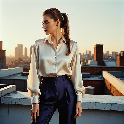 Elegant Woman in Silk Blouse on Rooftop at Sunset