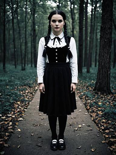 Woman in Wednesday Addams Costume Full Body Cosplay Photo in Forest
