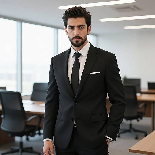 Confident Man in Black Suit Standing in Modern Office
