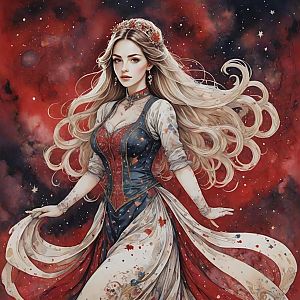Elegant Woman in Cosmic Red Space