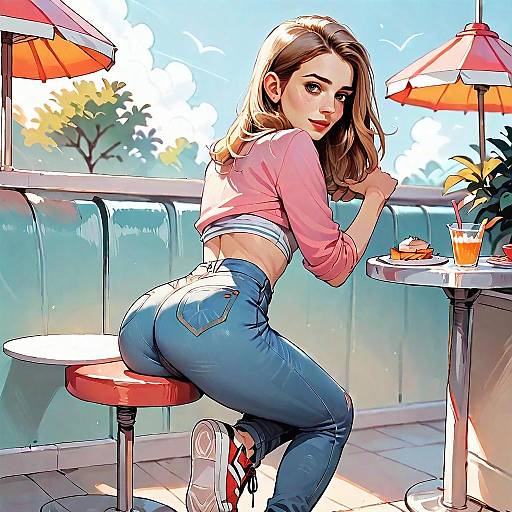 Digital Illustration of Woman at Outdoor Café in Modern Comic Style