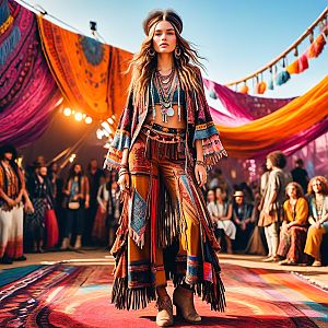 Stylish Woman on Colorful Runway in Bohemian Attire