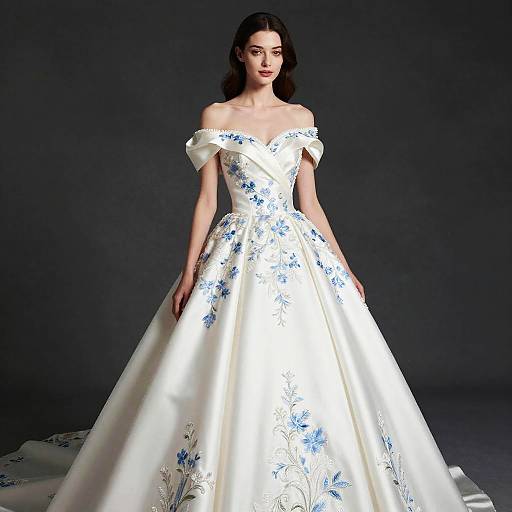 Elegant Off-Shoulder White Bridal Gown with Blue Floral Embroidery