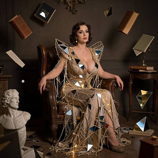 Elegant Woman in Gold Mirror-Embellished Gown with Floating Books and Geometric Mirrored Pyramids