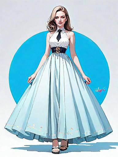 Realistic Digital Illustration of Woman in Minimalist White Gown Full Body Shot