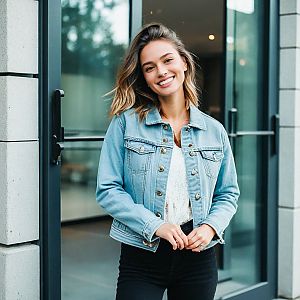 Young Woman in Denim Jacket at Modern Glass Entrance