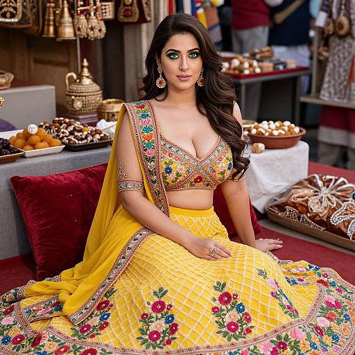Woman in Yellow Embroidered Indian Lehenga Sitting Gracefully