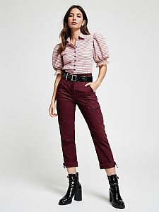 Stylish Woman Wearing Striped Puff Sleeve Blouse and Burgundy Cargo Pants