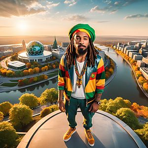 Man in Reggae Attire at Scenic Overlook with Skyline and Autumn Foliage