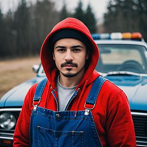 Man Wearing Super Mario Costume with Red Hoodie and Blue Overalls Outdoors