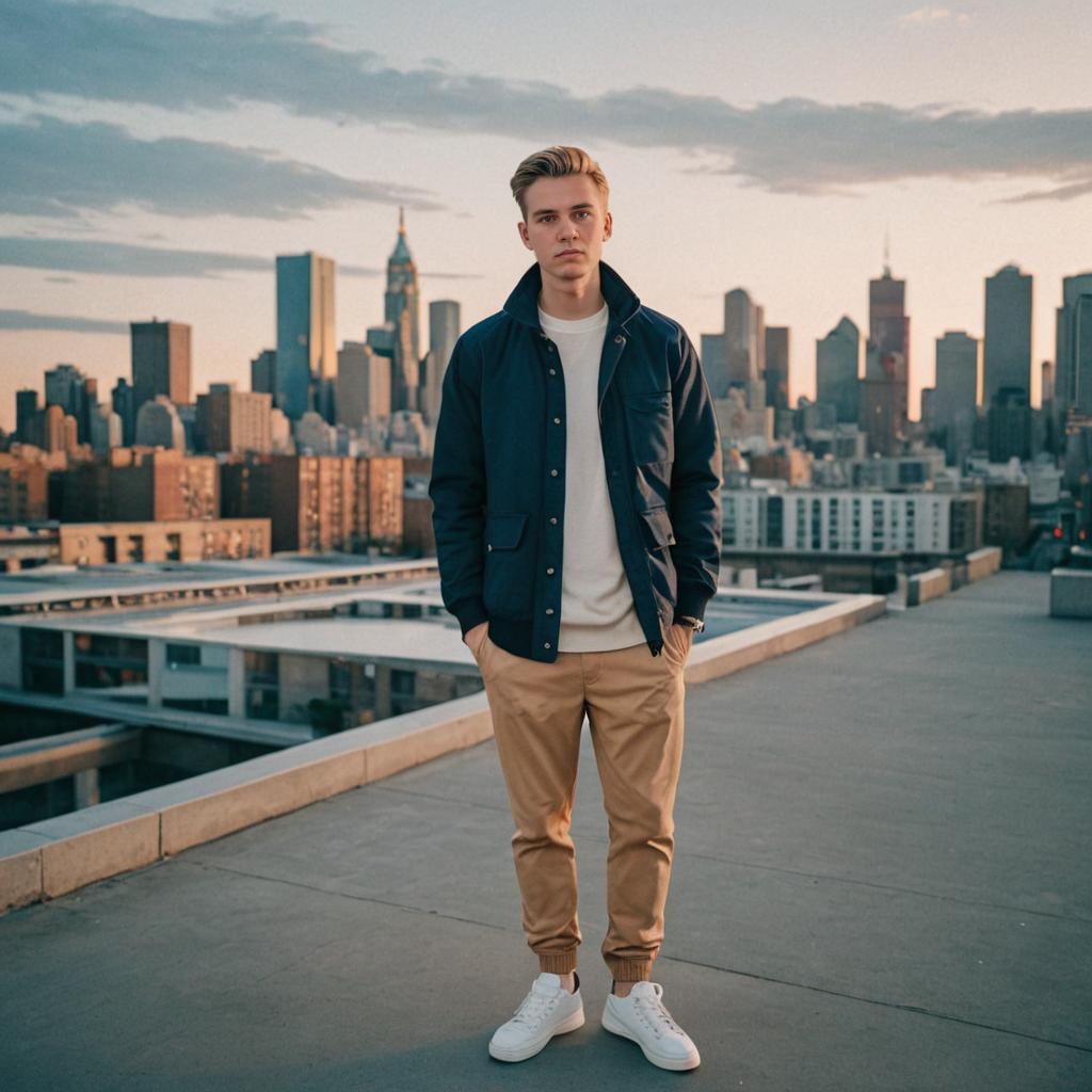 Confident Man Portrait with City Skyline at Twilight