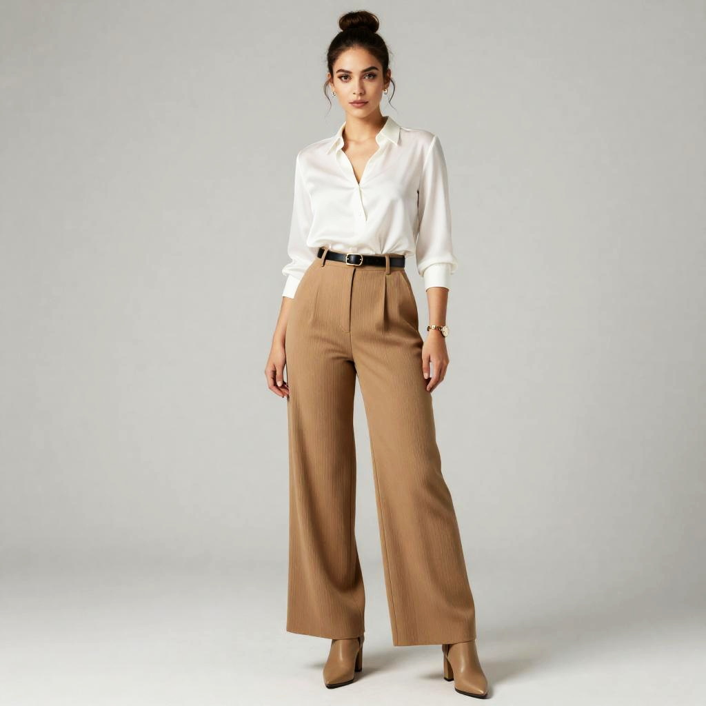 Young Woman Wearing White Blouse and Camel Wide-Leg Trousers Fashion Style