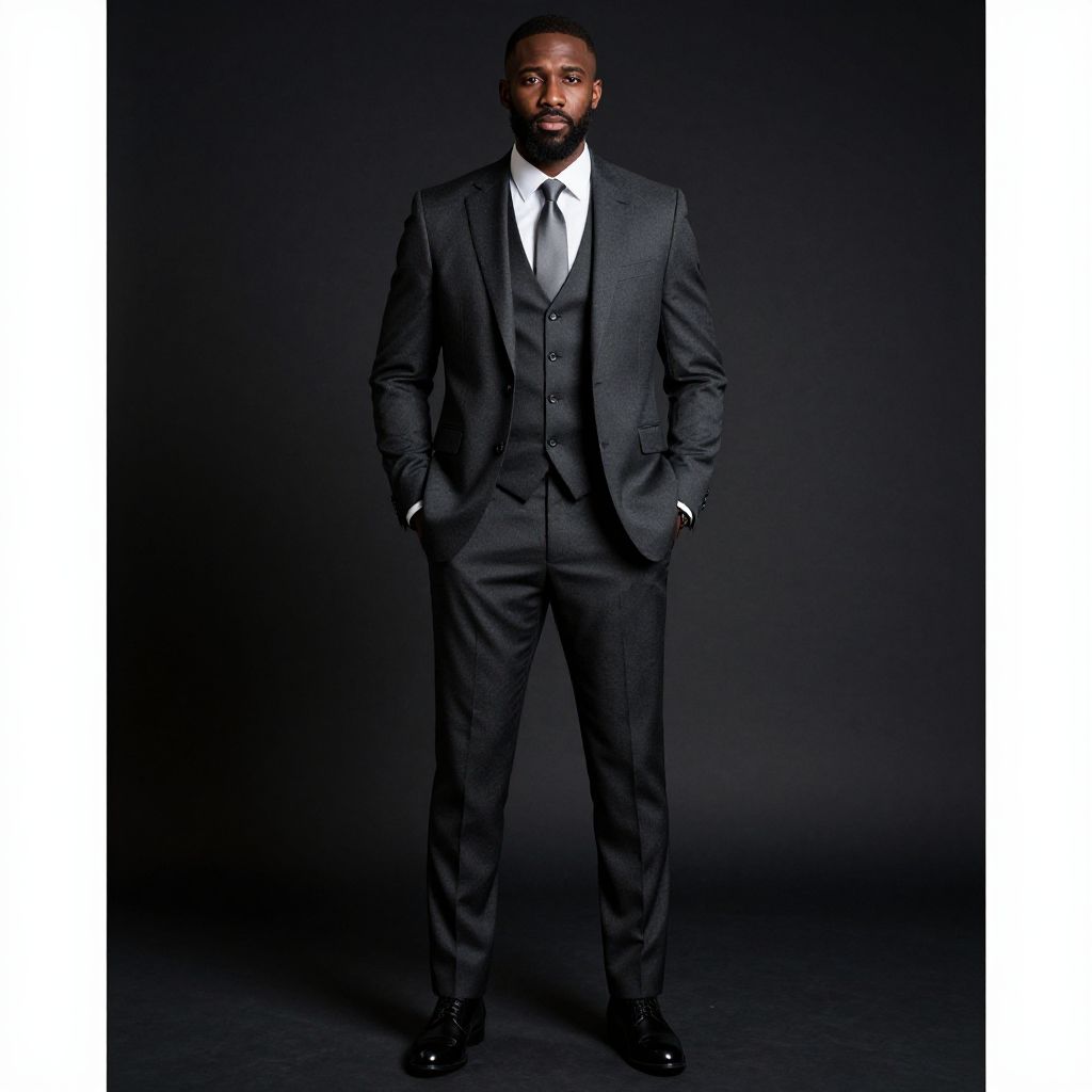 Confident Man in Dark Gray Three-Piece Suit Posing in Studio