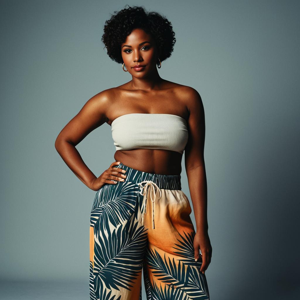 Stylish Young Woman in Tropical Leaf Print Pants and White Tube Top