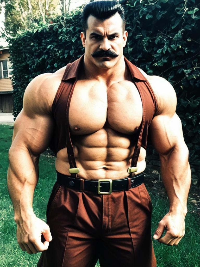 Muscular Man Cosplaying as Mike Haggar in Realistic Costume Outdoor