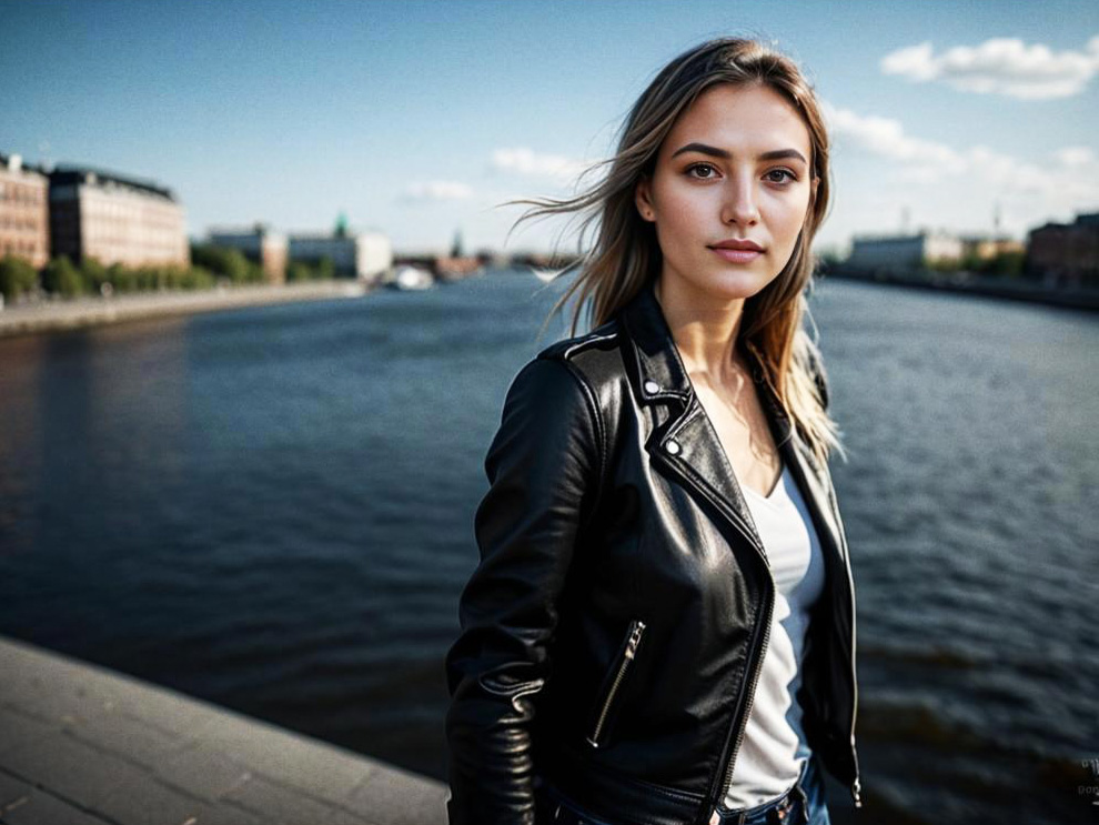 Confident Woman by the River in Leather Jacket