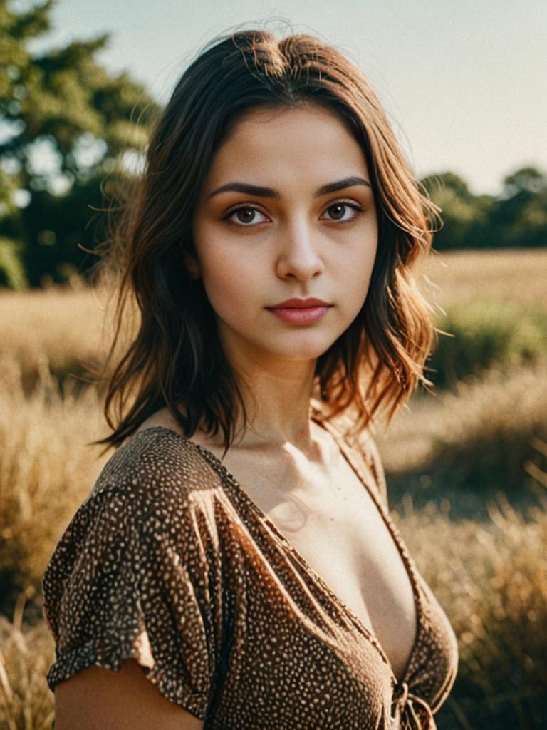 Young Woman in Sunlit Field with Analog Film Aesthetics