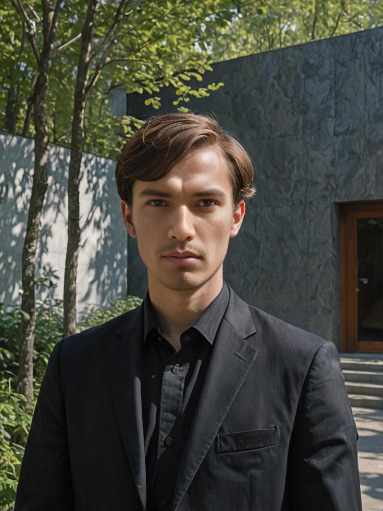 Artistic Portrait of a Man with Dappled Light on Black Marble