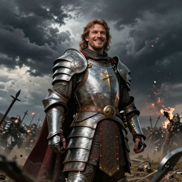 Confident Medieval Knight in Silver Armor on Battlefield