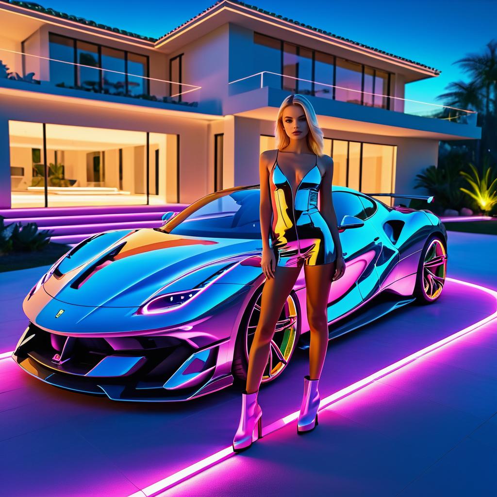 Stylish Woman with Sports Car in Neon Lights