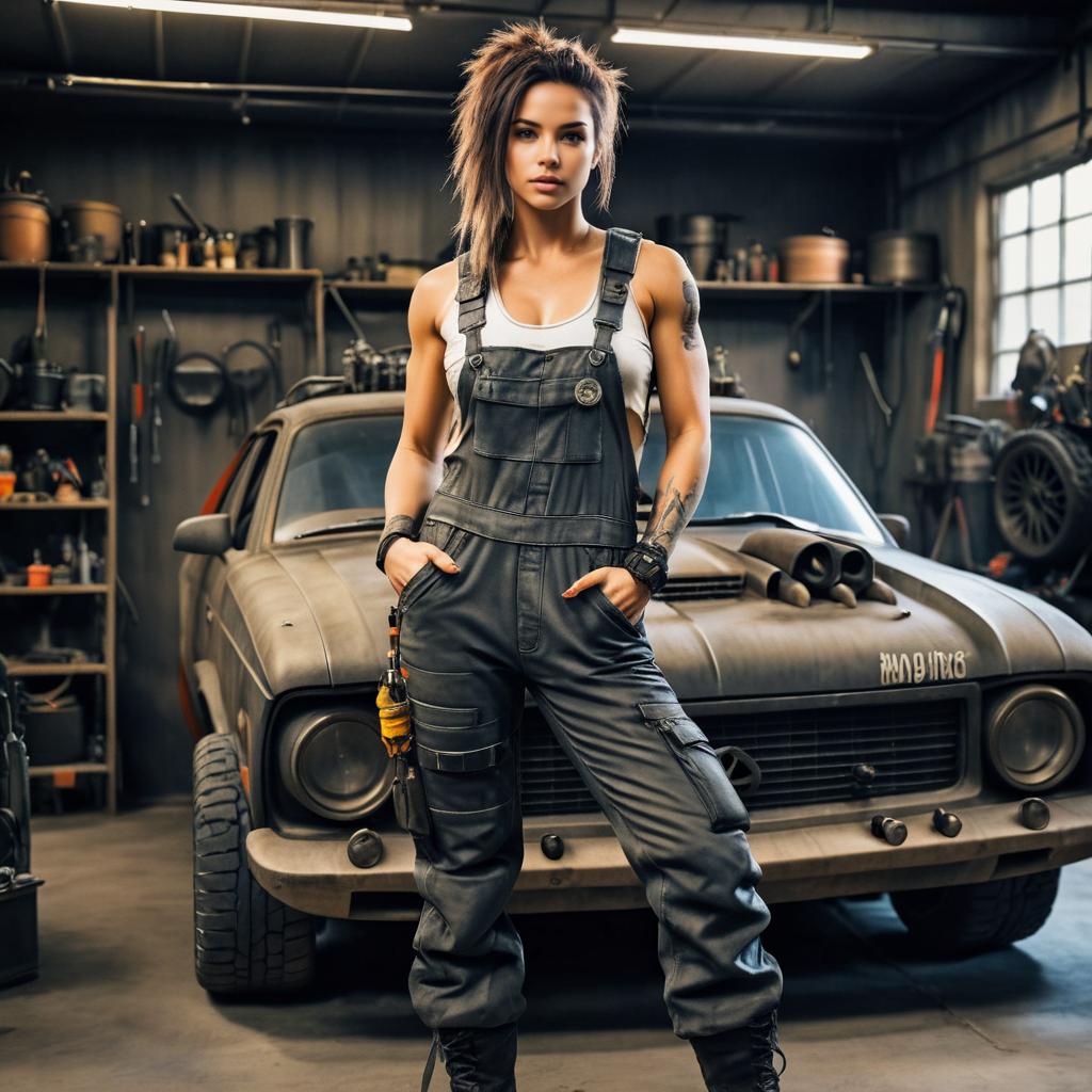 Confident Woman in Rustic Workshop with Vintage Car