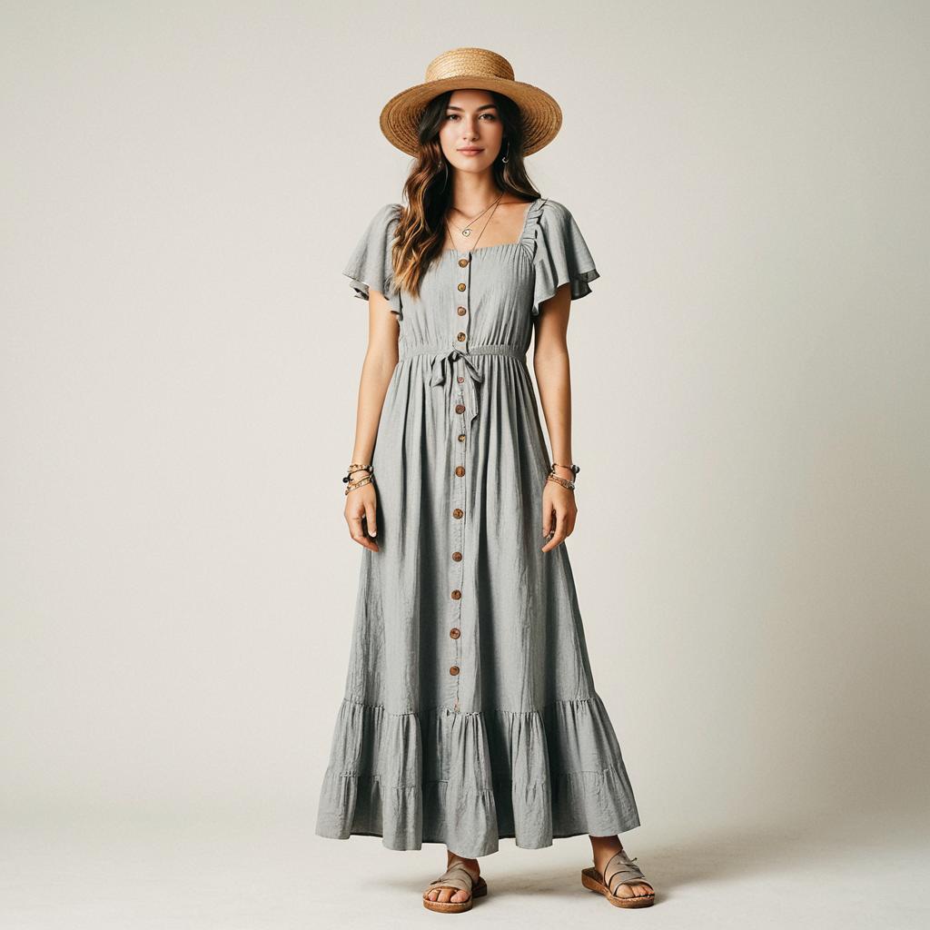 Bohemian Style Light Gray Maxi Dress with Short Flutter Sleeves for Women