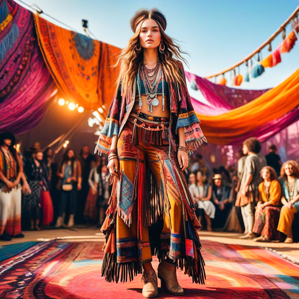 Stylish Woman on Colorful Runway in Bohemian Attire
