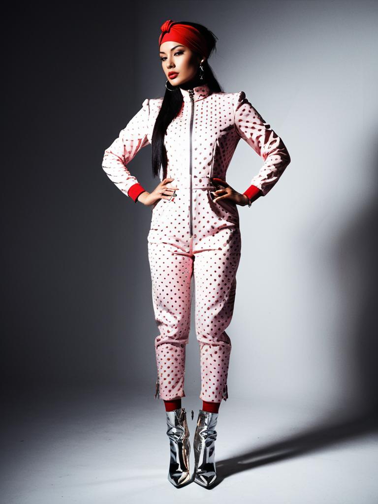 Retro Futuristic Pink Jumpsuit with Metallic Silver Dots on Woman