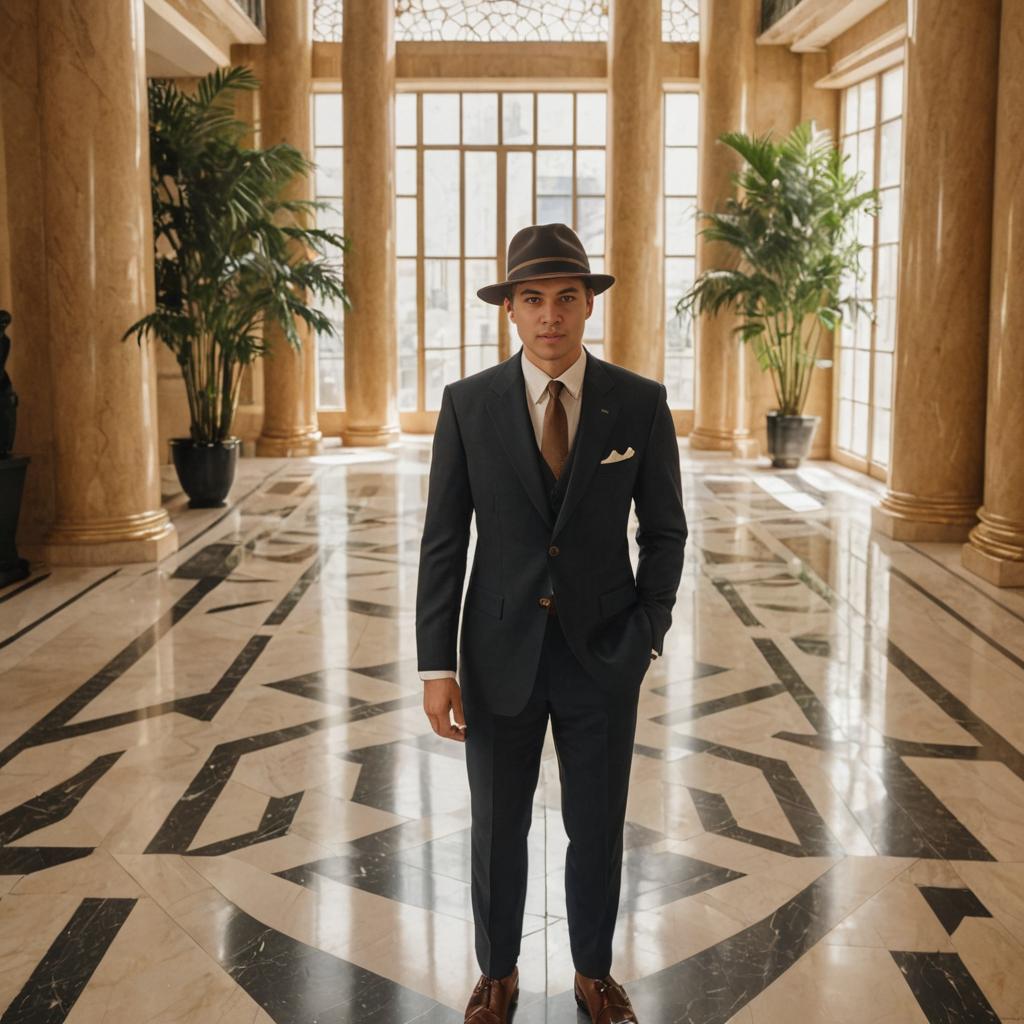 Man in Tailored Suit and Fedora in Elegant Interior