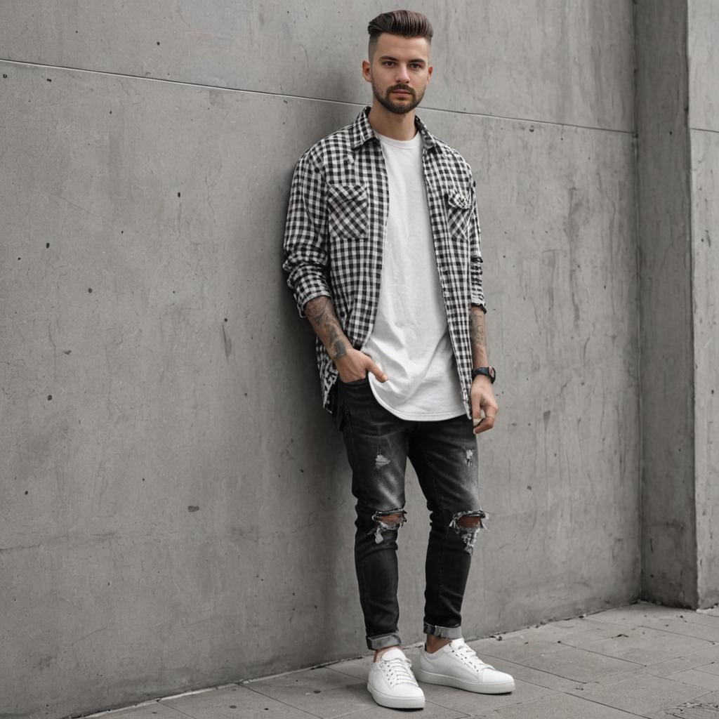 Stylish Man in Streetwear Against Gray Wall