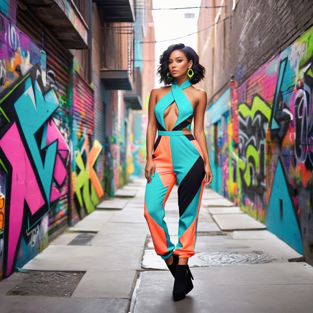 Stylish Woman in Color-Blocked Jumpsuit in Urban Alley