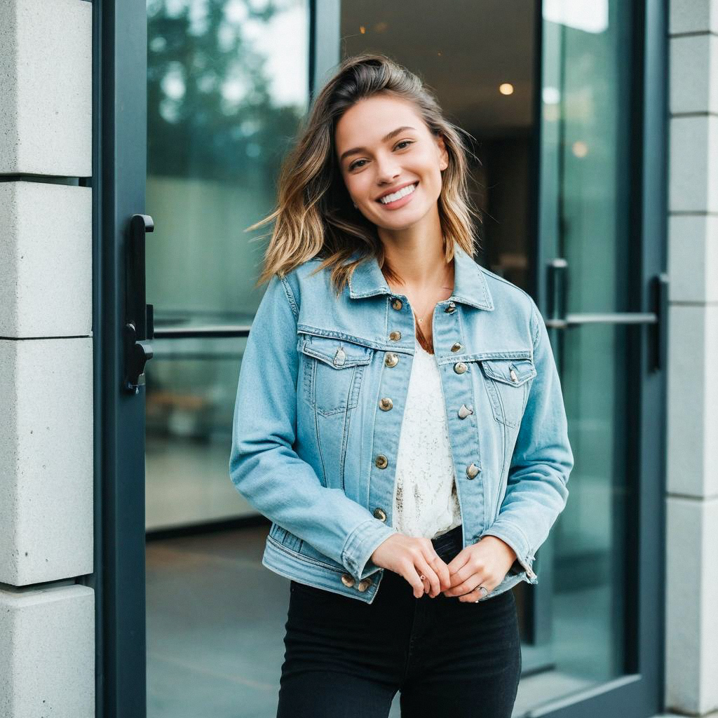 Young Woman in Denim Jacket at Modern Glass Entrance