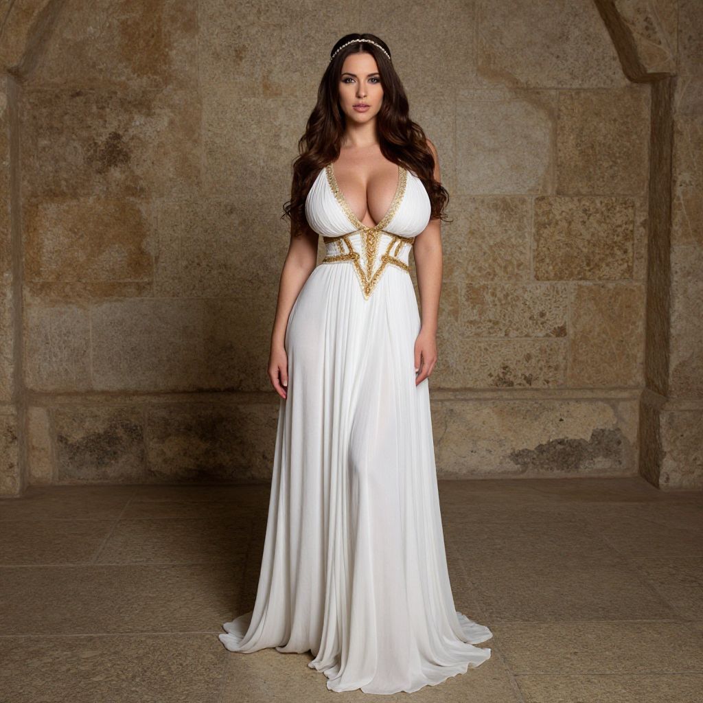Elegant Woman in White Grecian-Style Evening Gown