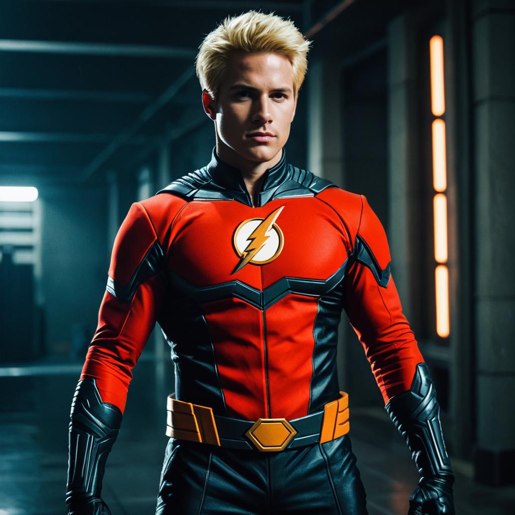 Realistic Young Man Wearing The Flash Superhero Costume in Futuristic Setting