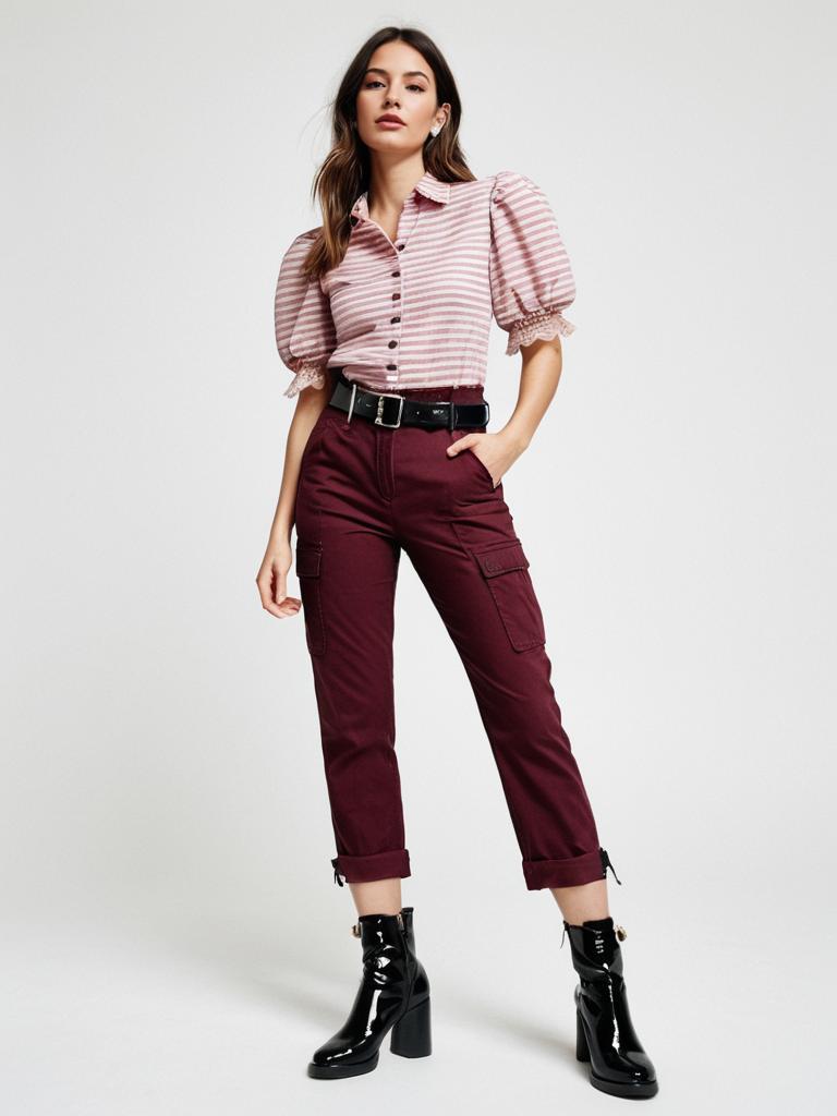 Stylish Woman Wearing Striped Puff Sleeve Blouse and Burgundy Cargo Pants