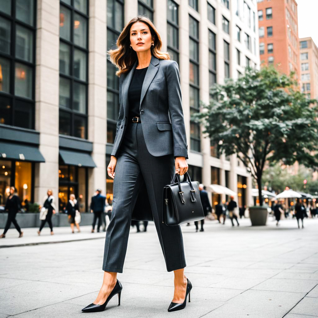 Confident Woman in Gray Suit on Urban Street