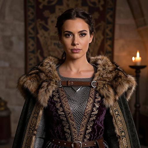 Medieval Woman in Ornate Fur Trimmed Costume and Chainmail Portrait