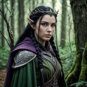 Realistic Fantasy Elf Warrior Woman in Forest with Braided Hair and Armor