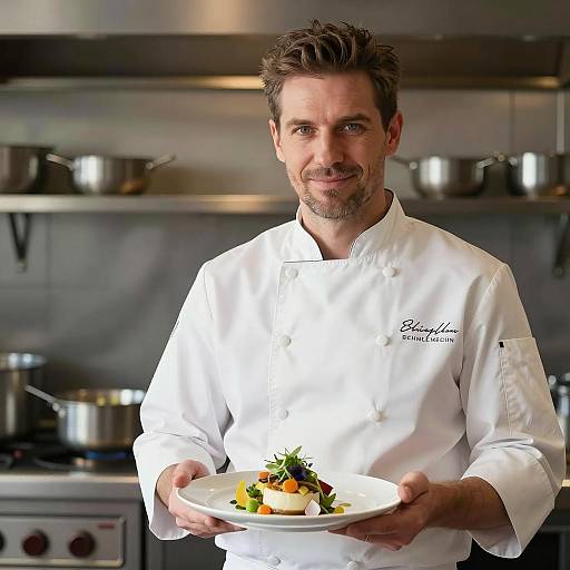 Professional Male Chef Presenting Gourmet Dish in Modern Kitchen