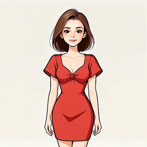 Woman with Pretty Face and Hair in Contemporary Red Dress Illustration