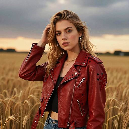 Young Woman in Red Leather Jacket in Wheat Field at Sunset