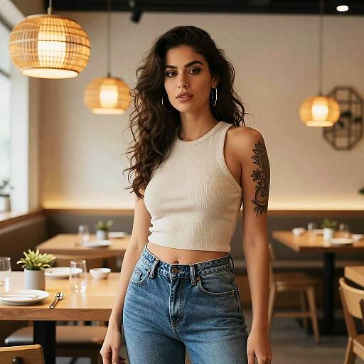 Trendy Gen Z Woman in Casual Outfit at Modern Cafe