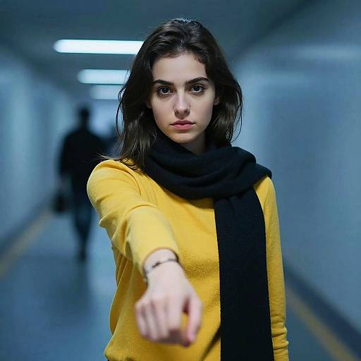 Young Woman in Yellow Sweater with Black Scarf Reaching Forward in Hallway
