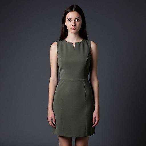 Young Woman in Sleek Olive Green Sleeveless Dress Portrait