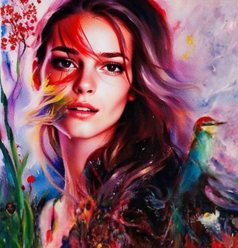 Surreal Portrait of Woman with Bird and Colorful Flora Artistic Painting
