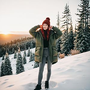 Woman in snowy landscape at sunset