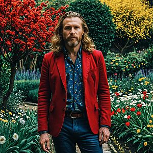 Stylish Man in Red Blazer Standing in Colorful Garden