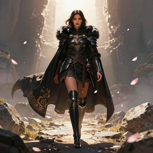 Confident Woman in Medieval Fantasy Armor Walking Through Ancient Ruins
