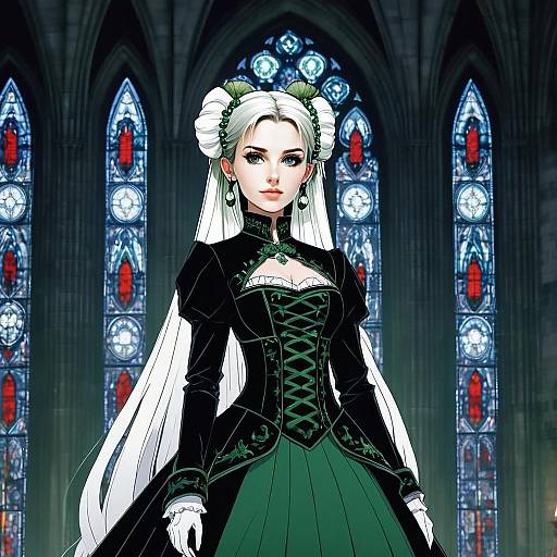 Gothic Fantasy Woman in Intricate Dress Standing in Cathedral